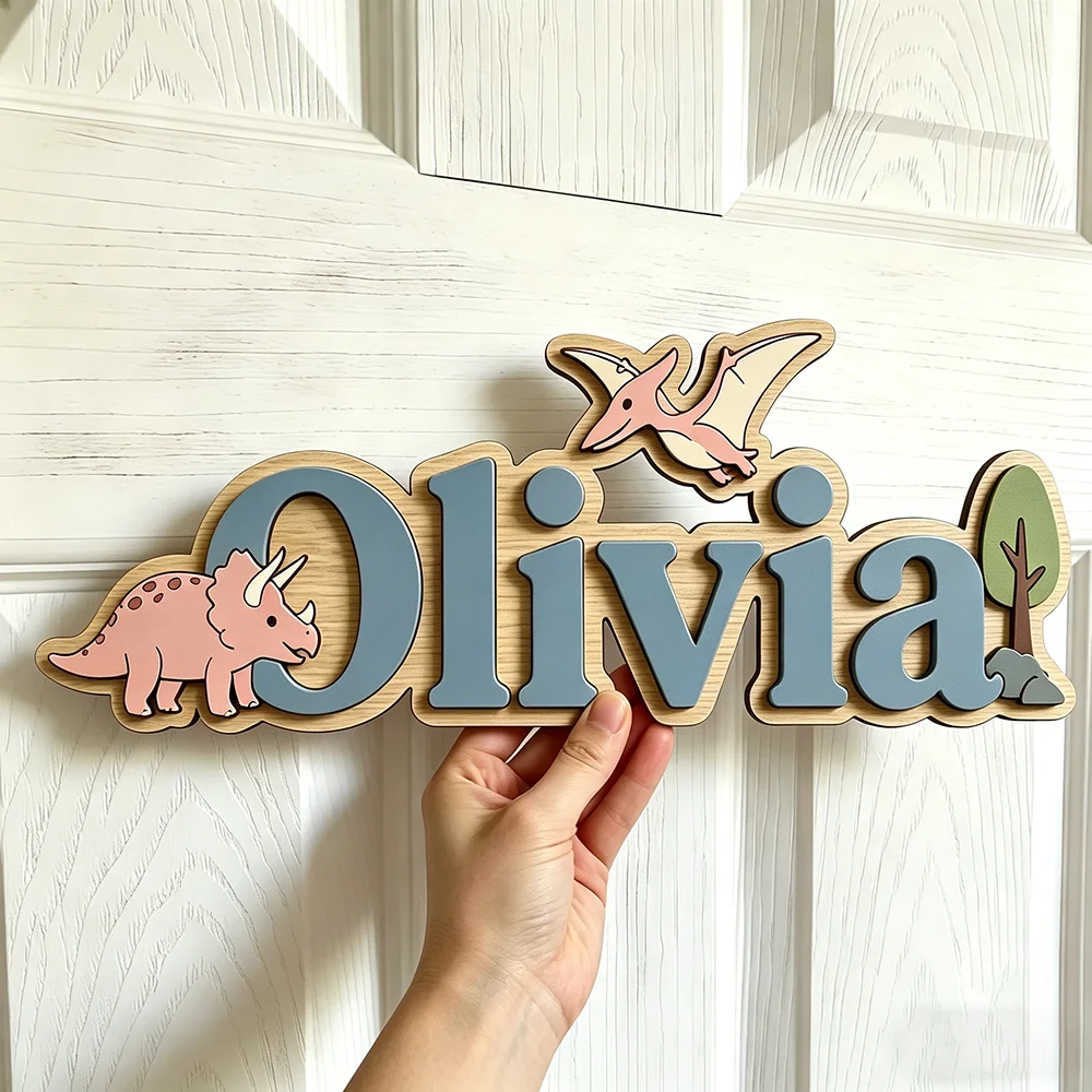 Personalized Dinosaur Name Sign for The Best Baby, Wooden Nursery Decor with Triceratops & Pterodactyl, Unique Kids Door Plaque, - view 3
