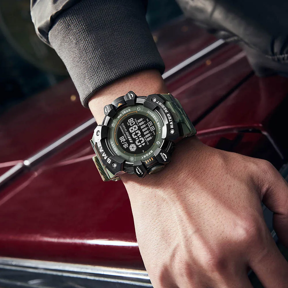 SMAEL-LEDデジタル時計,スポーツ腕時計,50 m,防水,ストップウォッチ,8050 mc,大型ダイヤル,アラーム