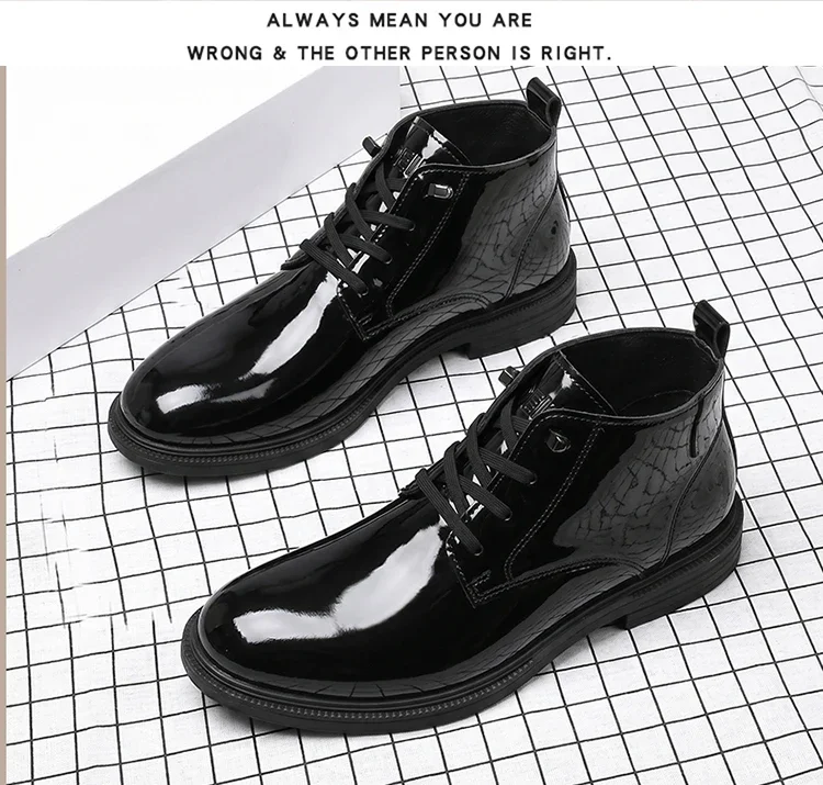Glänzend schwarze Schnürstiefeletten für Herren, hohe Schafthöhe, dicke Sohle, modische, lässige Business-Herrenschuhe – Detail 15