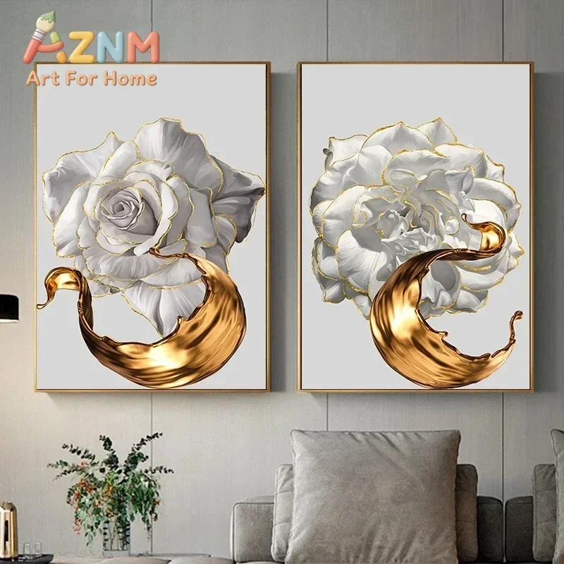 AZNM White Rose With Golden Splash Canvas Wall Art Luxury Floral Modern Abstract Art Print Unframed Canvas Poster for Home Decor