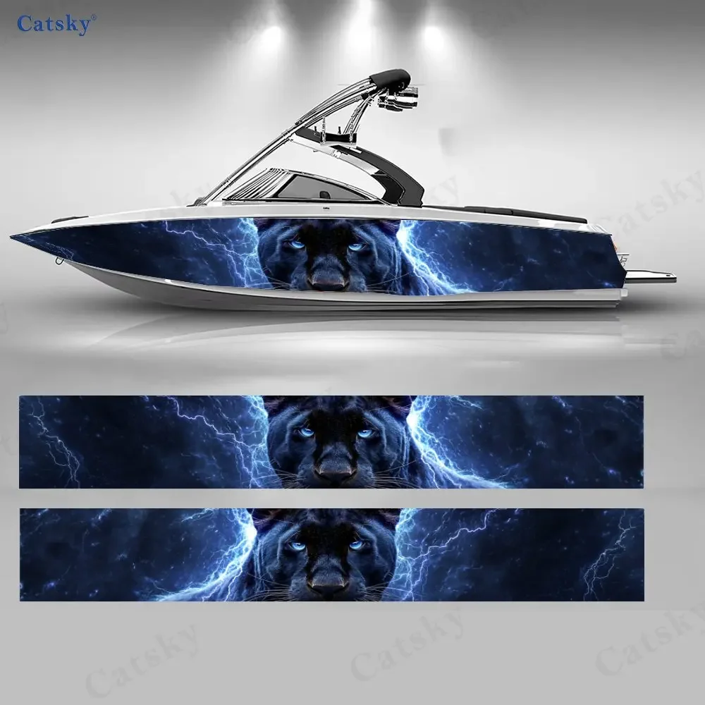 2Pcs Blue Lightning Panther Boat Stickers, PVC Waterproof Durable Vinyl Wrap Decals for Fishing Boat, Durable and Stylish Design