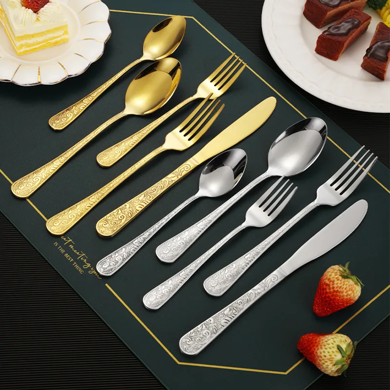 

Restaurant Wedding Gold Flatware Set Stainless Steel Hammered Sand Polished Cutlery Including Knives Spoons Forks Mirror Polish