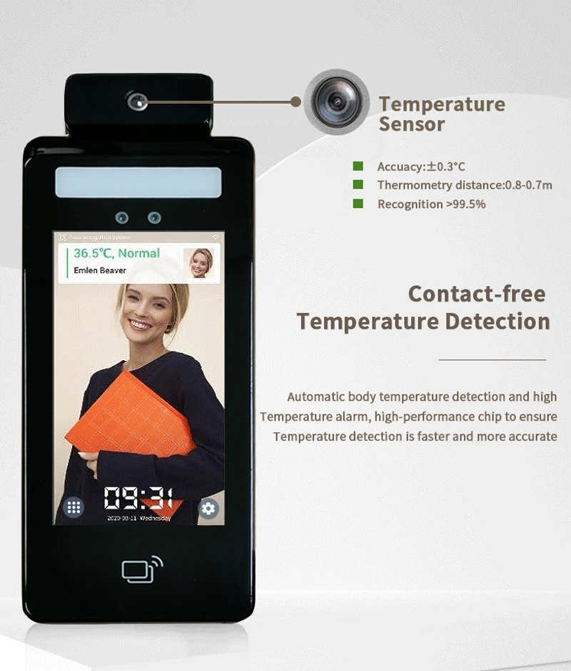 يدعم قياس درجة الحرارة بالذكاء الاصطناعي متعدد اللغات، تطبيق التعرف على بطاقة RFID للوجه البيومترية ونظام سحابي للتحكم في الوصول