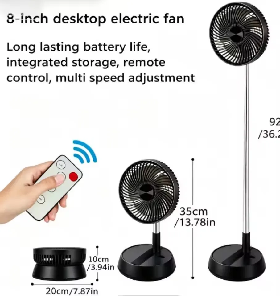 

7200mAh Retractable Rotating Fan, USB Rechargeable, Timer & Remote, 3-Speed, Indoor Outdoor Portable