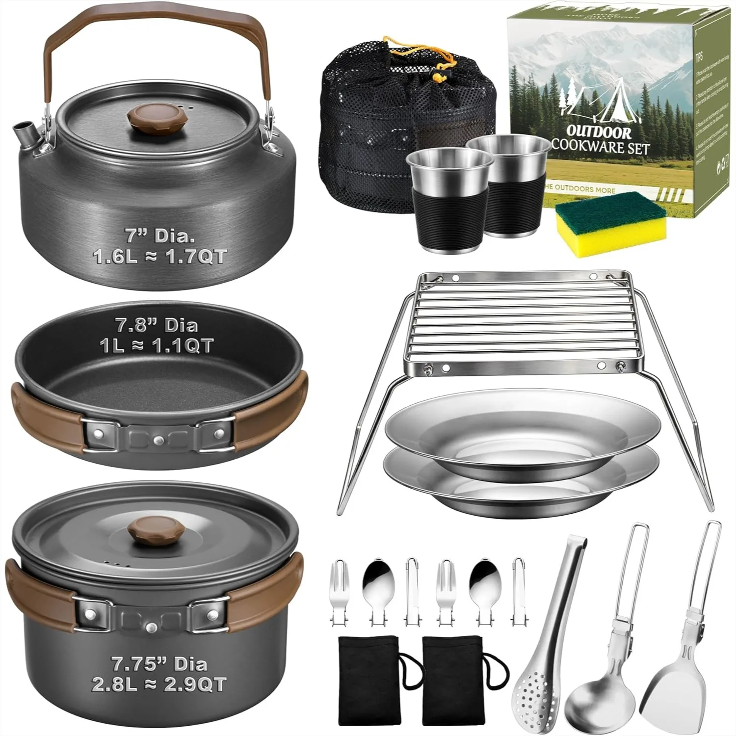 

18Pcs Camping Cookware Mess Kit, Nonstick Camp Cooking Utensil Set with Pot Pan Kettle Grill Grate for Outdoor Backpacking Open