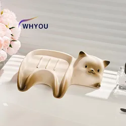 WHYOU Ceramic Cat Soap Dish Holder Drain Portable Home Bathroom Hotel Soap Box Tray Bathroom Accessories Crafts Gift