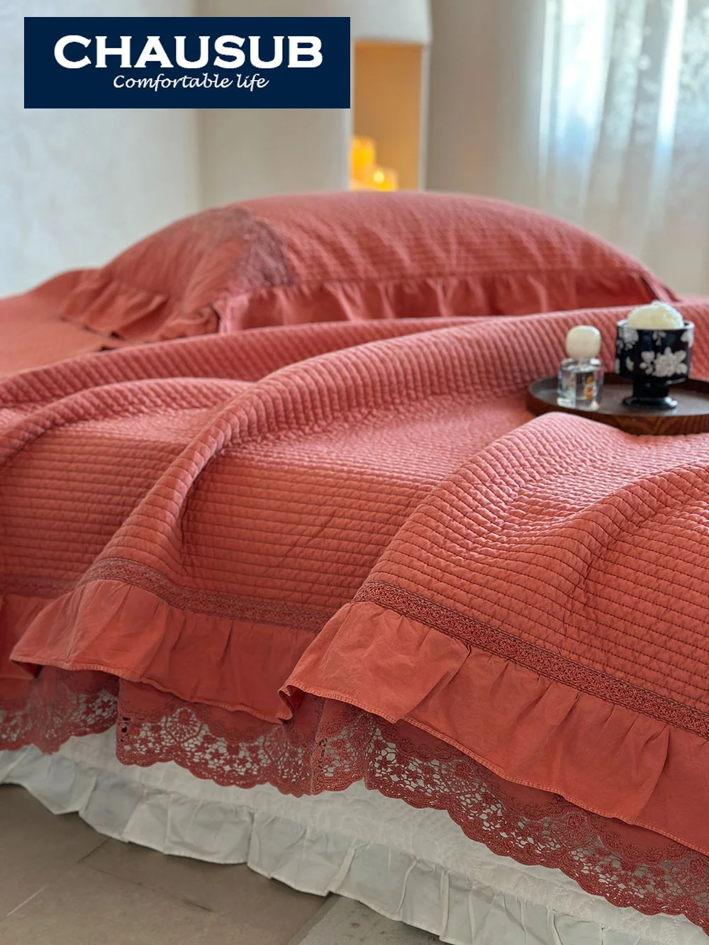 

Luxury French Lace Bedspread Set 3pcs, Enzyme Sand Washed 100% Cotton Quilted Coverlet, Solid Color Embroidered Quilt(King Size)