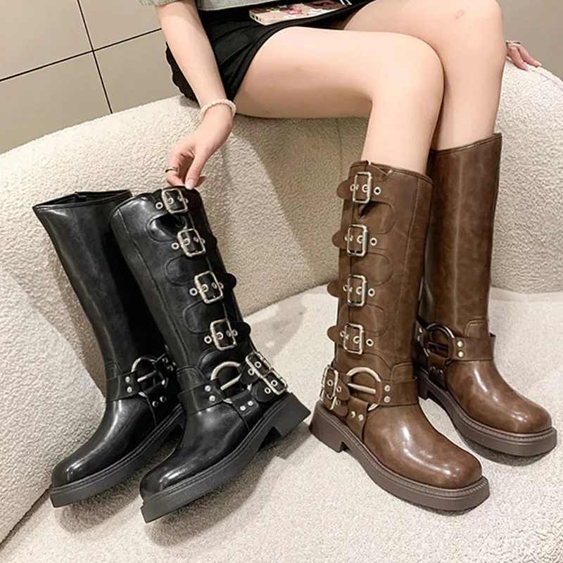 

Fashion Women's Boots Platform Rivet Motorcycle Boots Round Toe Belt Buckle Knee High Boots for Woman Shoes Winter WSH5415