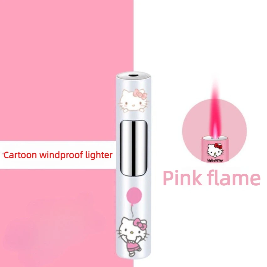 

Creative Windproof Hello Kitty Pink Flame Lighter, Cylindrical Metal Cinnamoroll Kuromi Cartoon Lighters, Cigarette Accessories