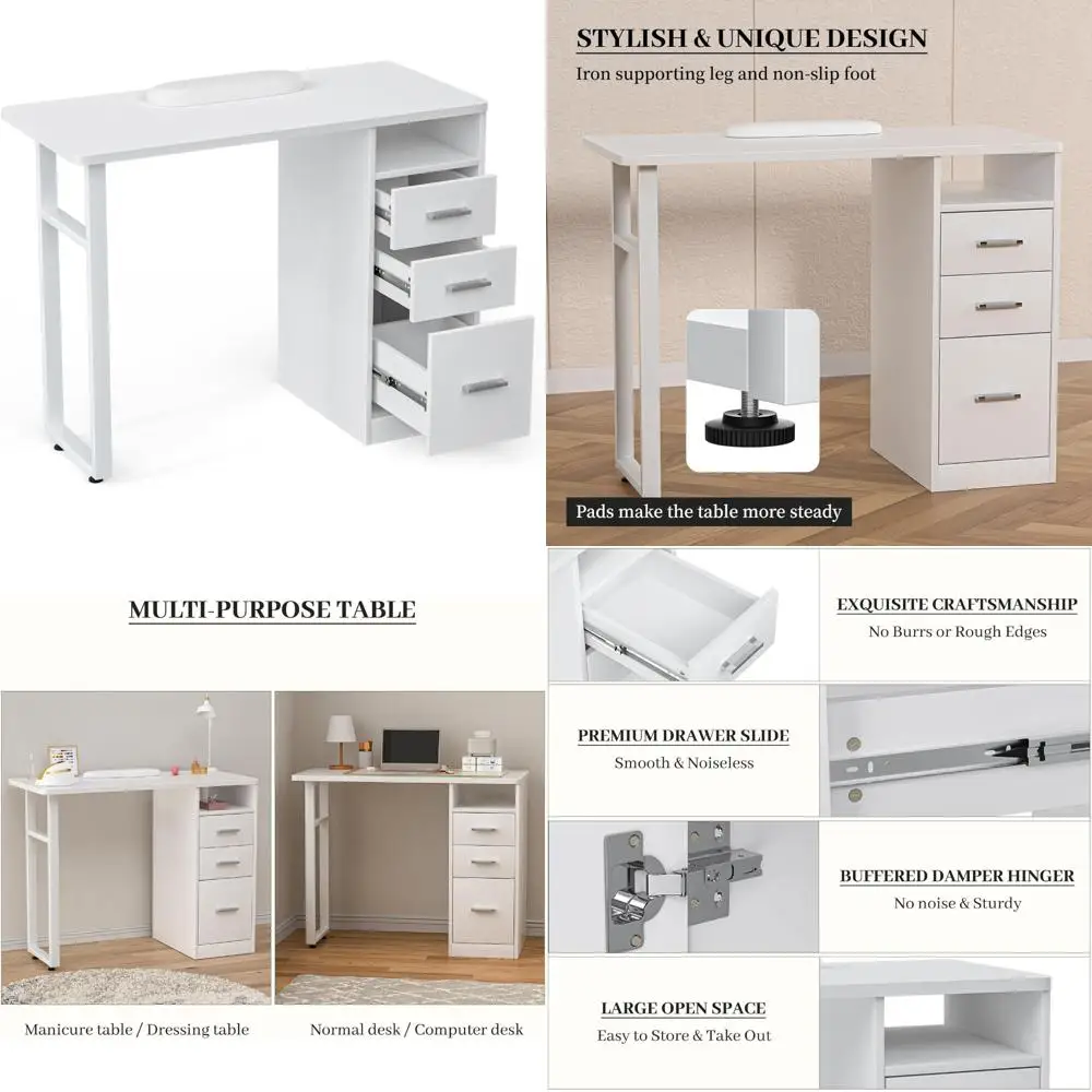 مكتب فني أظافر أبيض متين مع أدراج تخزين - محطة مانيكير مقاومة للأكريليك وقابلة لتعديل الارتفاع لمحترفين التجميل #1