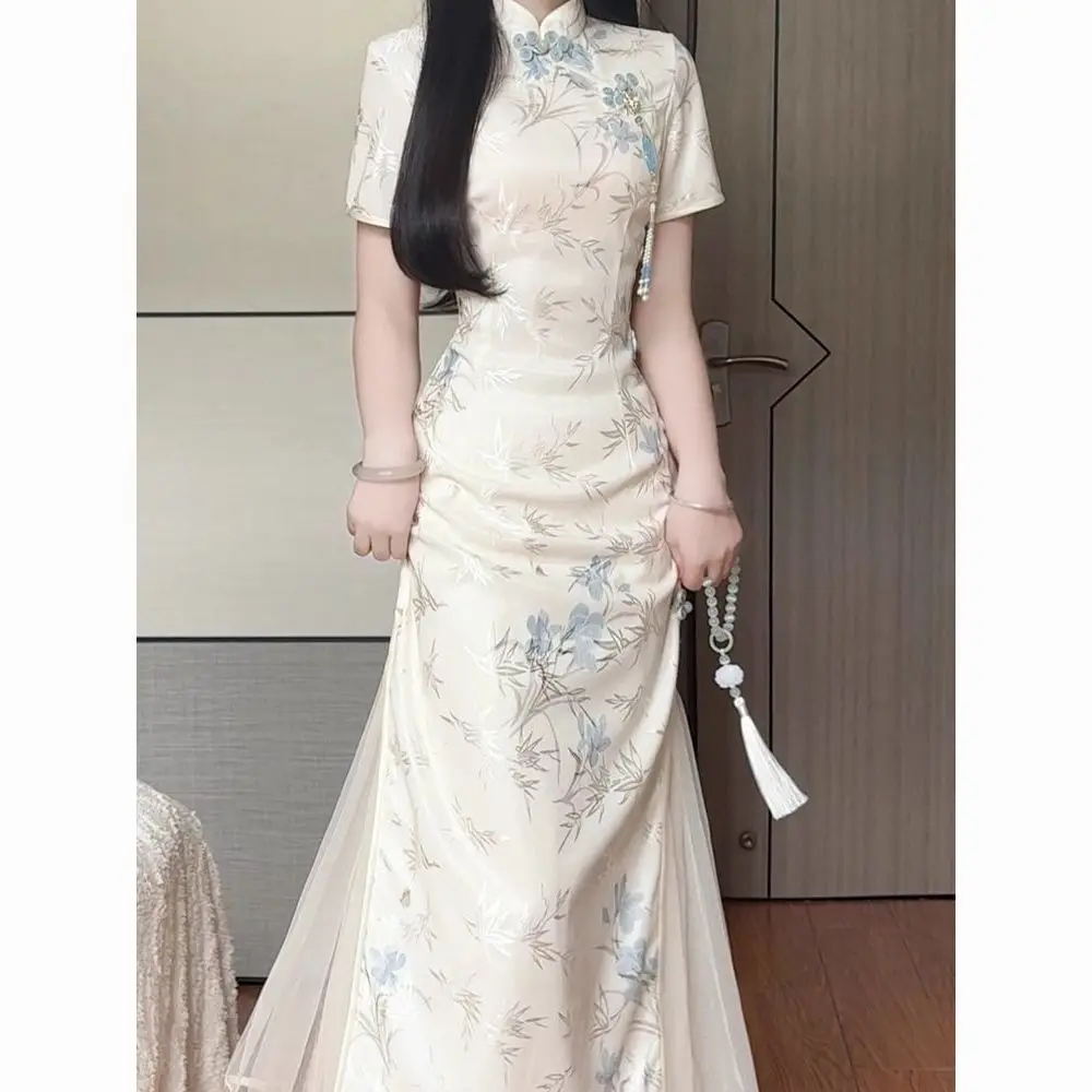 

Ципао цвета шампанского 2025, современное элегантное обручальное платье Cheongsam для молодых женщин, повседневная одежда, элегантное шикарное женское китайское платье