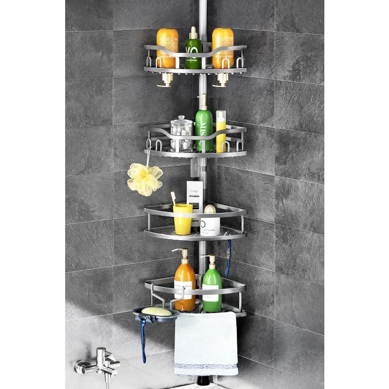 

Corner Shower Caddy Tension Pole: Rustproof 4-Tier Bathroom Organizer Shelves for Bathtub Shampoo Storage - 47-121 Inch