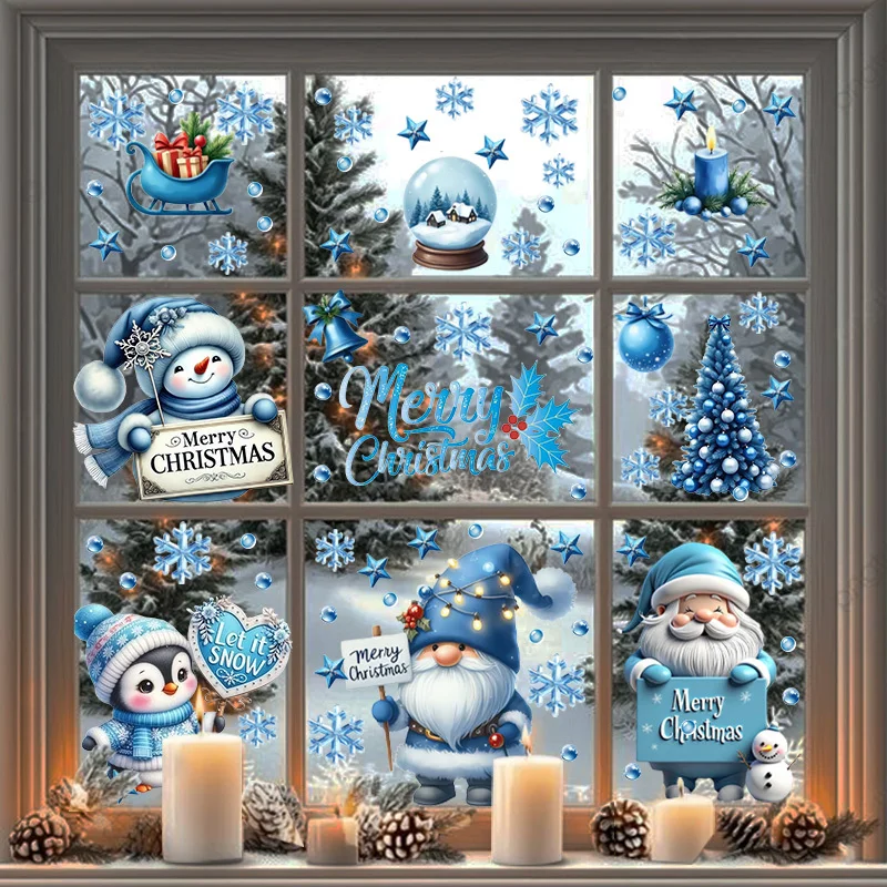 4pcs Christmas blue gnomes Themed Window Wall Sticker,suitable for cabinet, glass door, windows,wall decor,freely DIY combinable