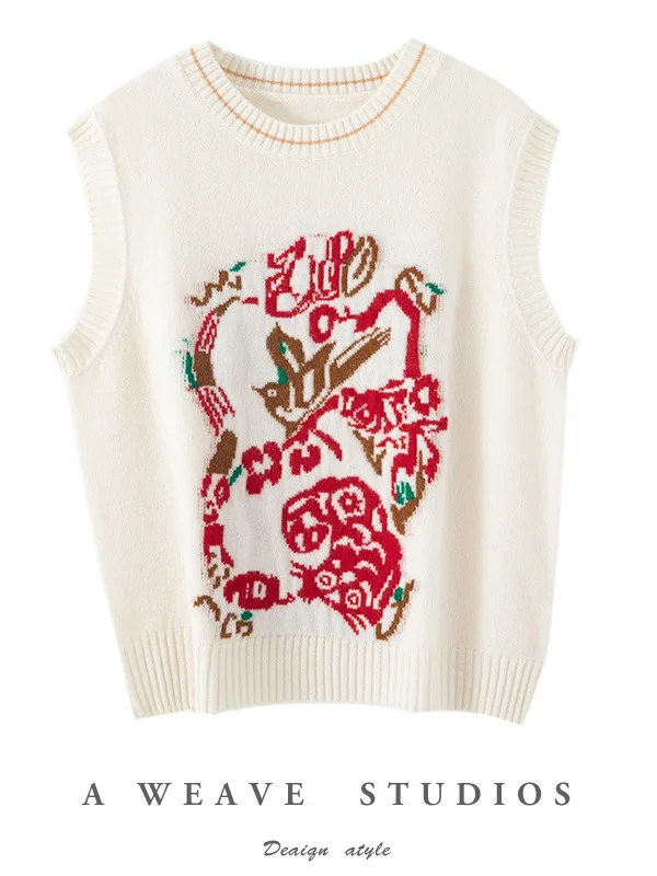 

Новогодний вязаный жилет из чистой шерсти для женщин, свободный топ с круглым вырезом, удобный, мягкий, шерстяной, повседневный, модный