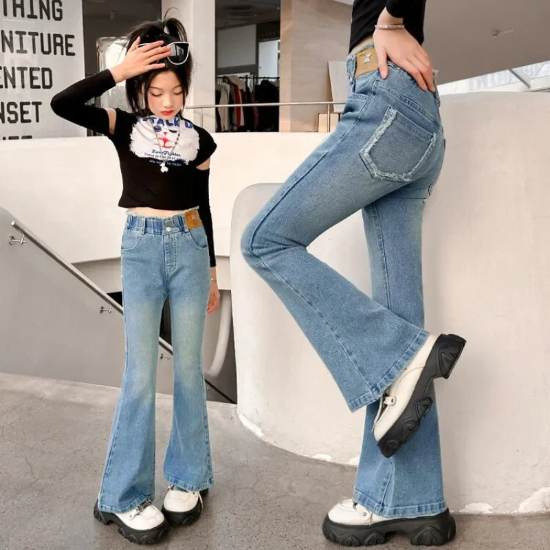 

New 2025 Girls Loose Wide-leg Jeans Bell-bottom Trousers Children Solid Casual Denim Pants Spring Autumn Clothing 5-12 Years