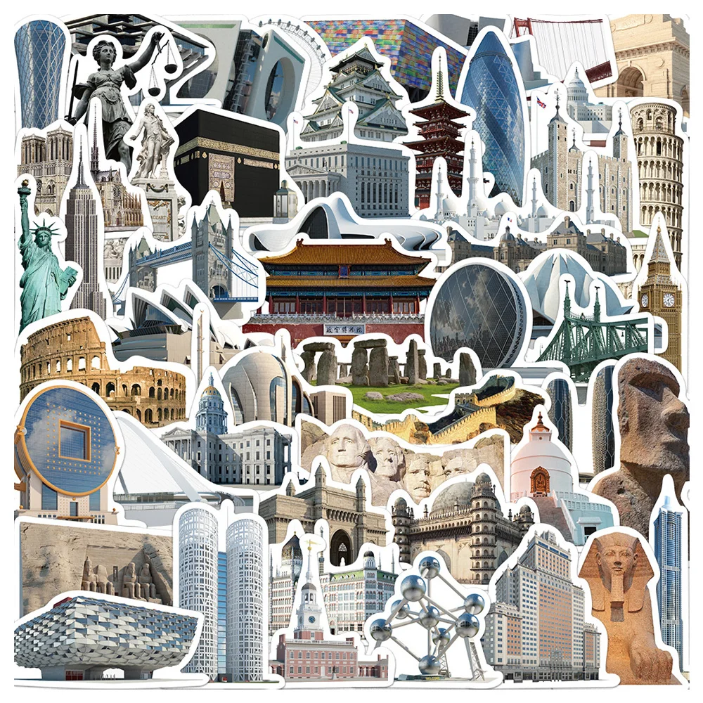 World Famous Buildings Stickers, Vintage Sticker, Scrapbooking Material, Craft Supplies, Guitar, Scrapbook, Phone, 65Pcs