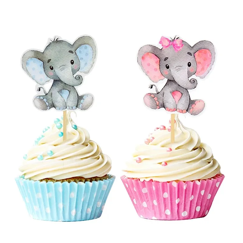 Creative Gender Reveal Printing Blue Pink Elephant Cake Cupcake Decoration Insert Card Baby Birthday Party Theme