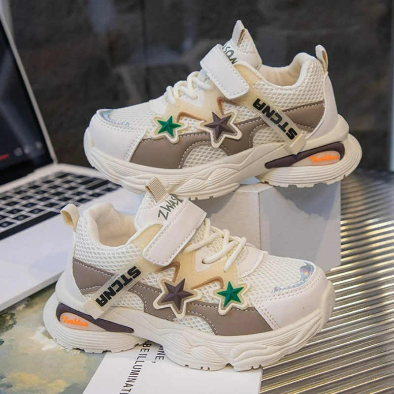 White Pink Kids Sneakers with Star Design Fashion Sport Shoes for Girls Spring Mesh Casual Athletic Footwear Lightweight Style