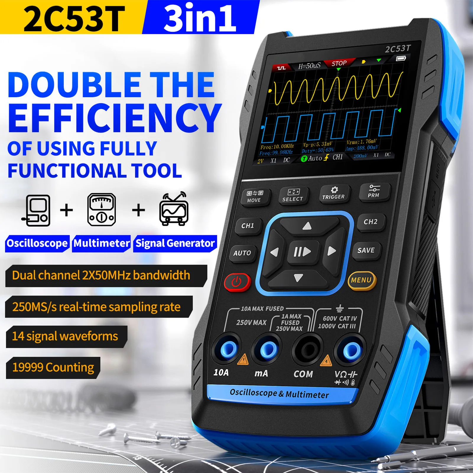 

Digital Automotive Oscilloscope Multimeter 50MHz Bandwidth User Friendly Oscilloscope Multimeter 2.8 inch LCD Display for Home