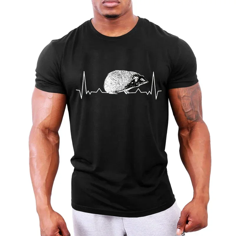 Hedgehog Heartbeat Print T Shirts Men Clothing Short Sleeve T-shirts Oversized Fashion Camiseta Male Black Tshirt Tops Tee Homme