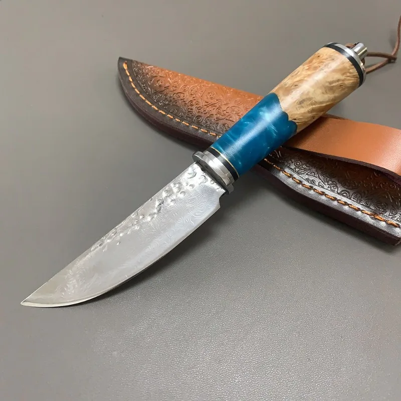 

Handmade Damascus Steel Sharp Fixed Blade Knife Resin Cured Wood Handle Outdoor Camping Hunting Tactical Tools for Self Defense