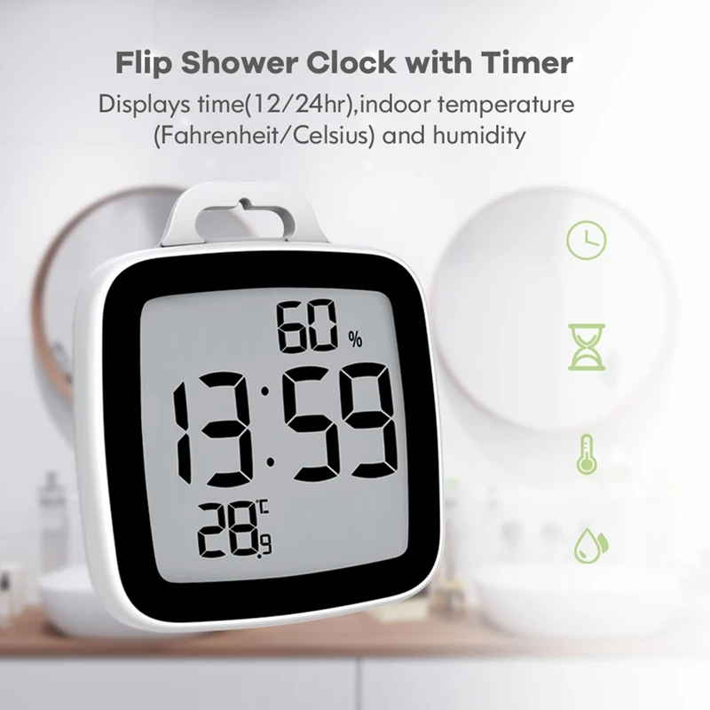 LCD Screen Waterproof Digital Bathroom Wall Clock Temperature Humidity Meter Countdown Time Flip Shower Clocks With Hook Timer