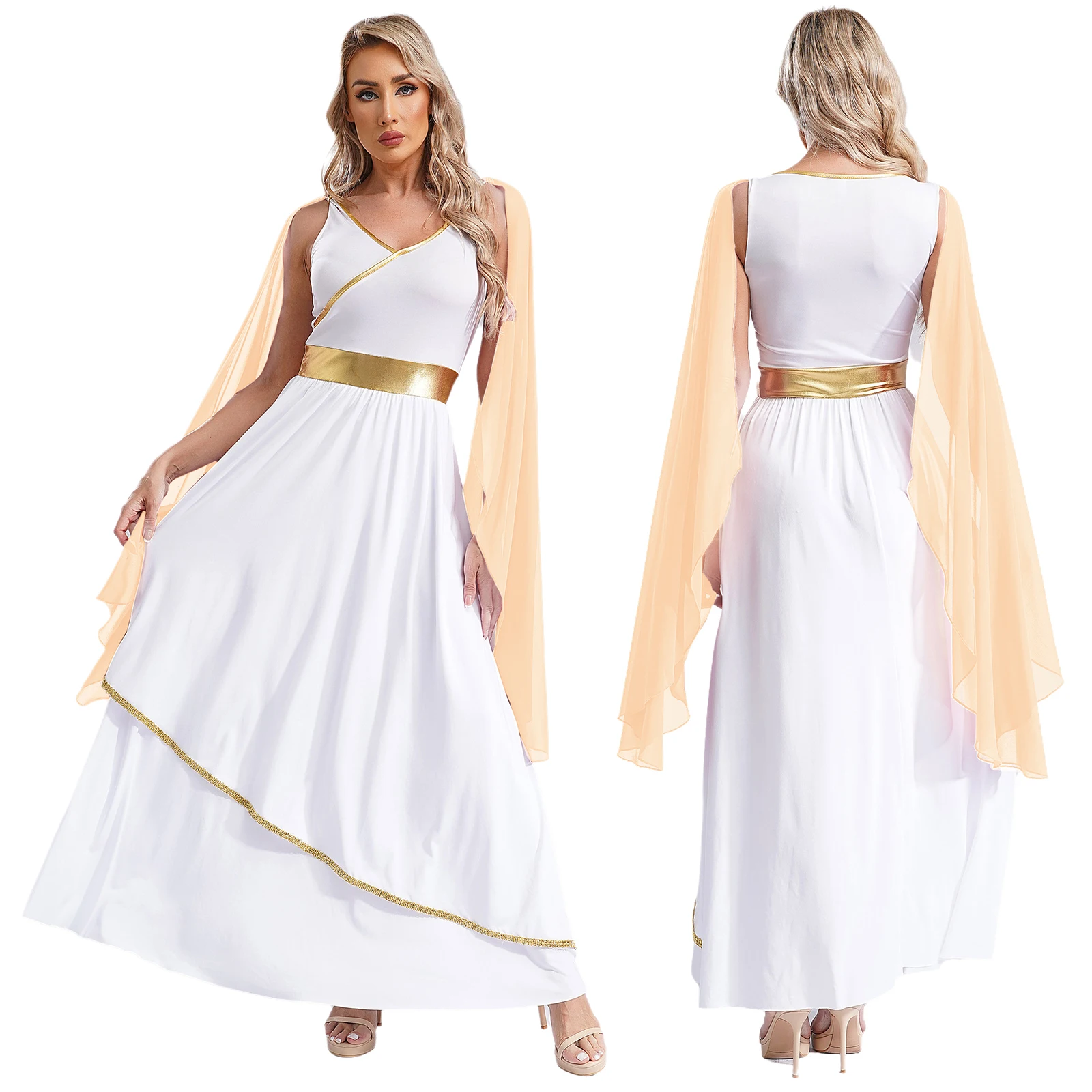 Womens Ancient Greek Toga Goddesses Costumes Party Halloween V Neck Sleeveless Gold Trims Toga Womens Ancient Greek Toga Goddesses Costumes Party Halloween V Neck Sleeveless Gold Trims Toga