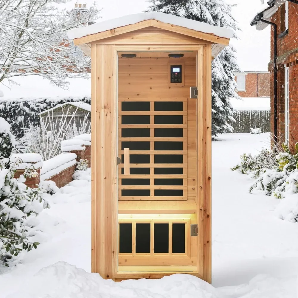 

Far Infrared Wooden Outdoor Sauna, 1-Person Size, W/1560W, 6 Low EMF Heaters, 10 Minutes Pre-Warm Up, Time and Temp Pre-Set