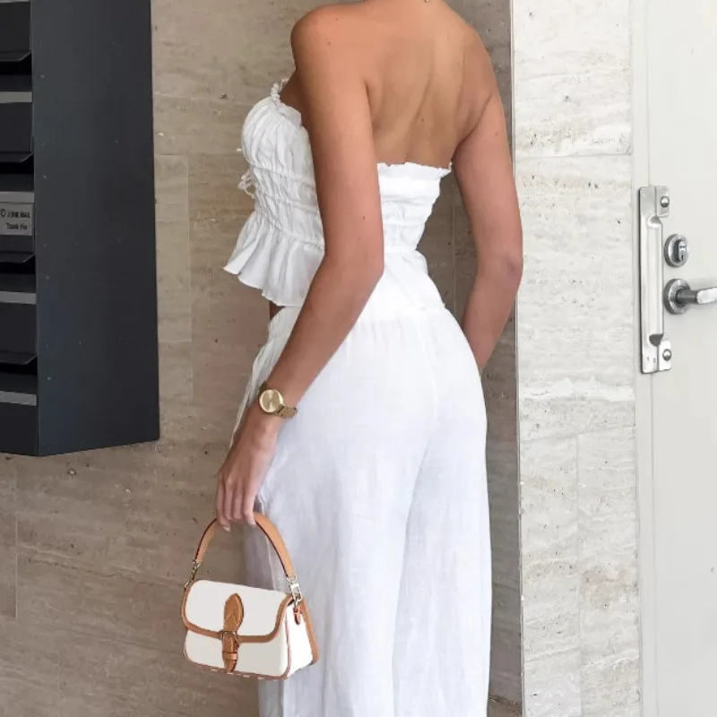 Top de tubo de algodón y lino blanco, pantalones informales de pies anchos, conjunto con cordones, moda de primavera y verano, nuevo conjunto transfronterizo de dos piezas