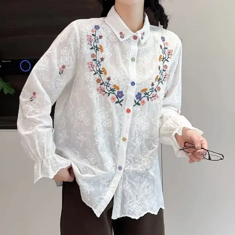 Vintage Flower Embroidery Shirts For Women Japanese Mori Girl Autumn Cotton Long Sleeve Kawaii Blouse Boho Clothing