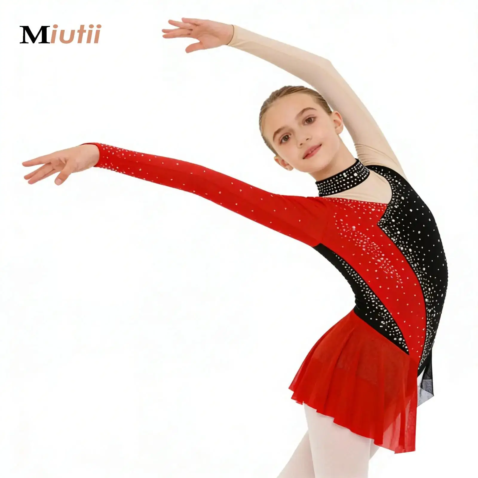 

Kids Girl Figure Skating Leotard Dress Shiny Rhinestone Sheer Mesh Skirted Bodysuit for Ballet Lyrical Dance Rhythmic Gymnastics