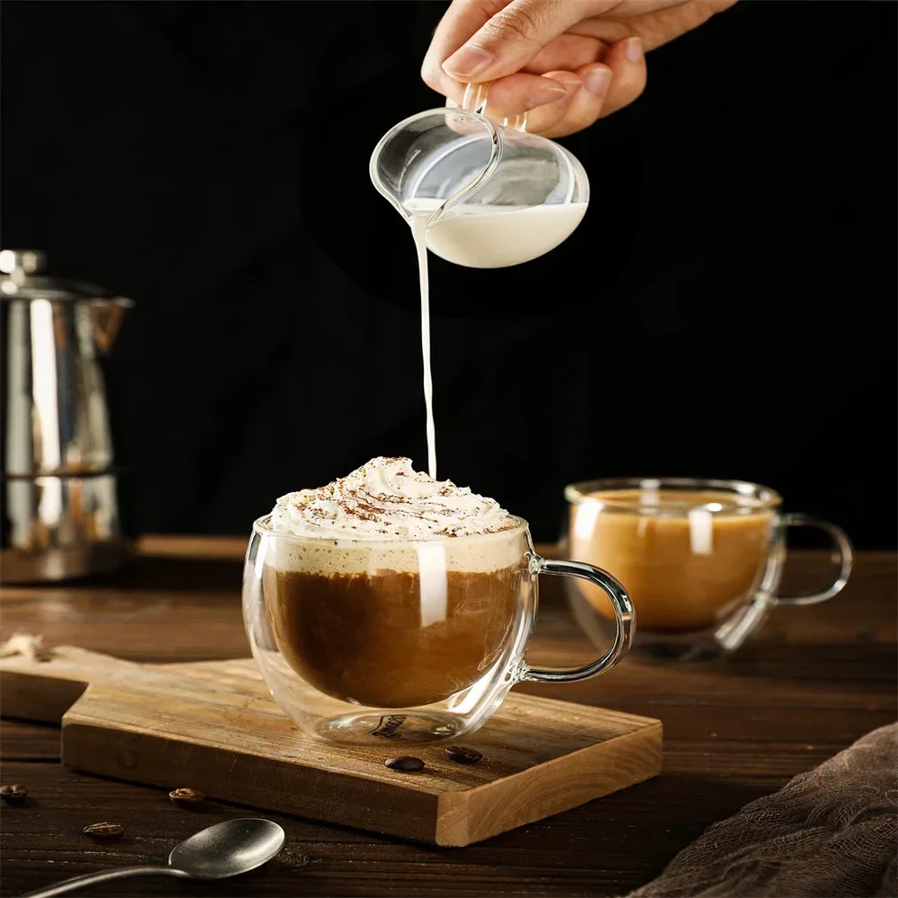 250ml Double Wall Transparent Glass Coffee Cup with Handle Double-layer Heat Insulation High Temperature Juice Milk Cup