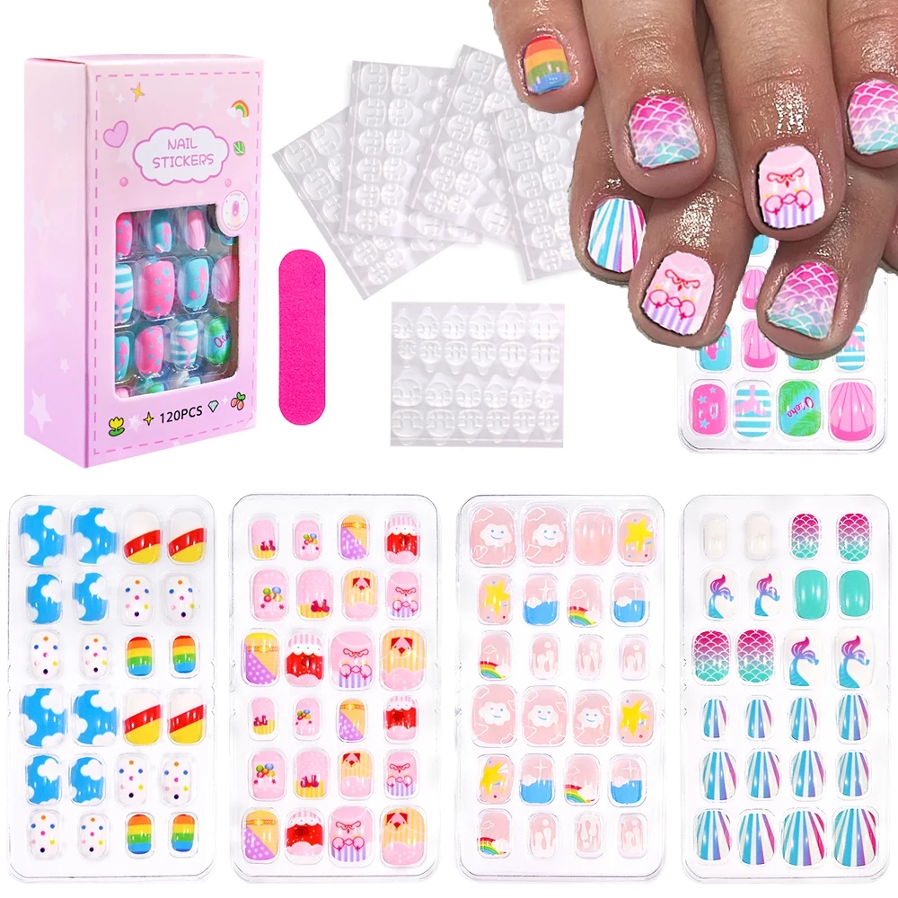 

120pcs/Box Children's Press On Nails Kawaii Girl Full Cover Short False Nails With Glue Sticker Xmas Gift DIY Cartoon Fake Nails