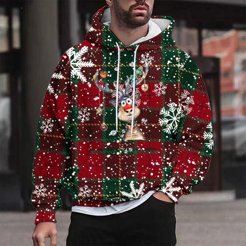 Christmas Deer Snow Pattern Hoodie For Men Women Stripes 3D Printed Pullovers Casual Hoodies Tops Loose Long Sleeves Sweatshirt