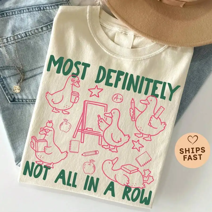 2026 Fashion New Cartoon Duck Teacher T-Shirt Preppy Style Not All In A Row Print Back To School Summer Vacation Women Casual Basic Top Tee