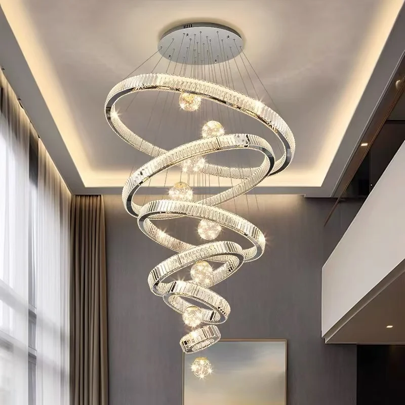 Modern Crystal Chandelier Lustre Stair Pendant Lights Duplex Architecture Living Room Pendant Lights Home Decoration Lighting