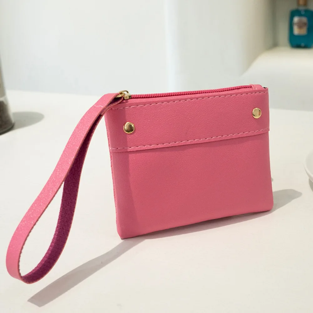 

New Pu Leather Women Short Wallet Solid Color Fashion Small Coin Purses with Wrist Strap Credit Card Pouch Mini Key Pouch