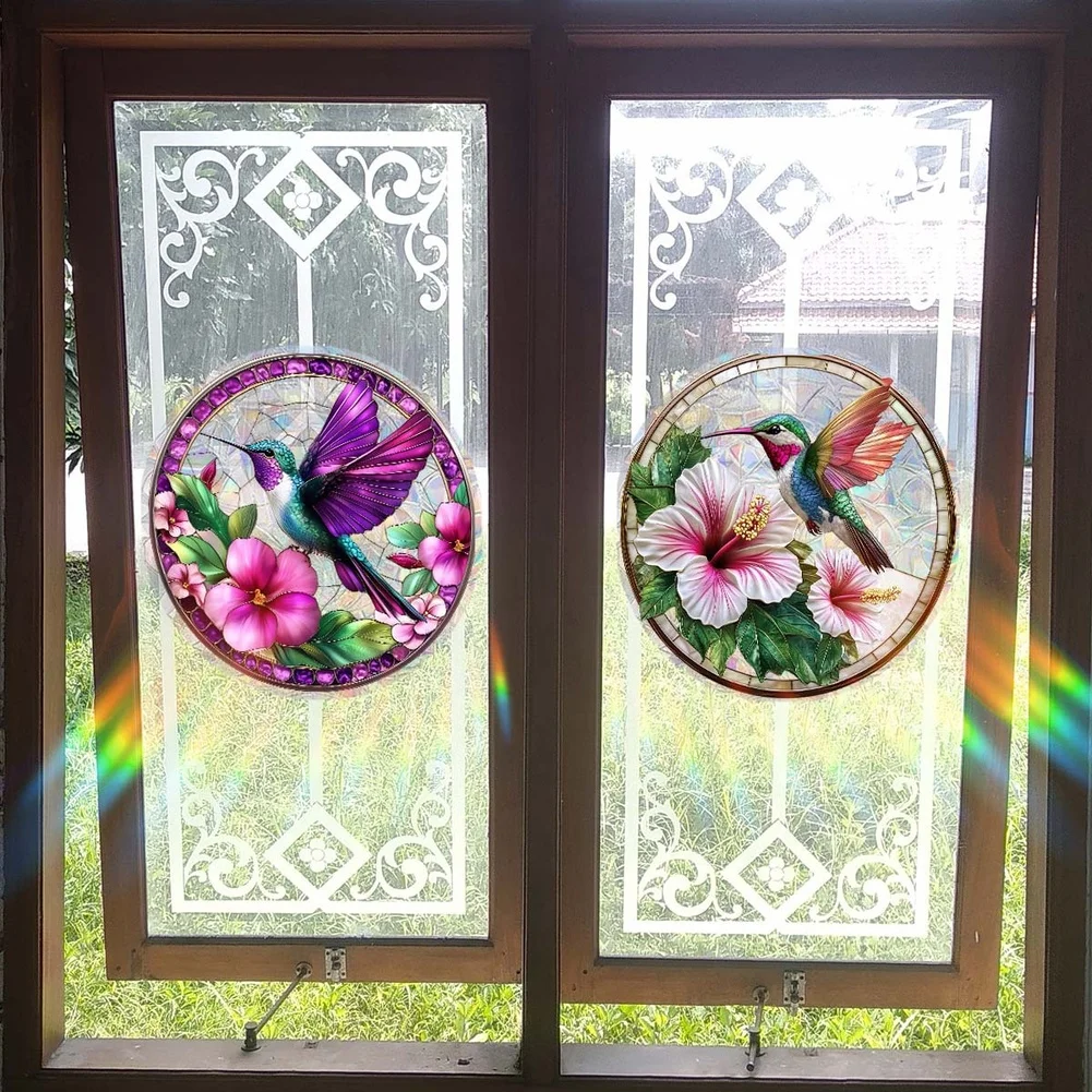Window Cling with Flower and Hummingbird Pattern for Glass Surfaces PVC Static Adhesion Reusable Decorative Sticker for Home