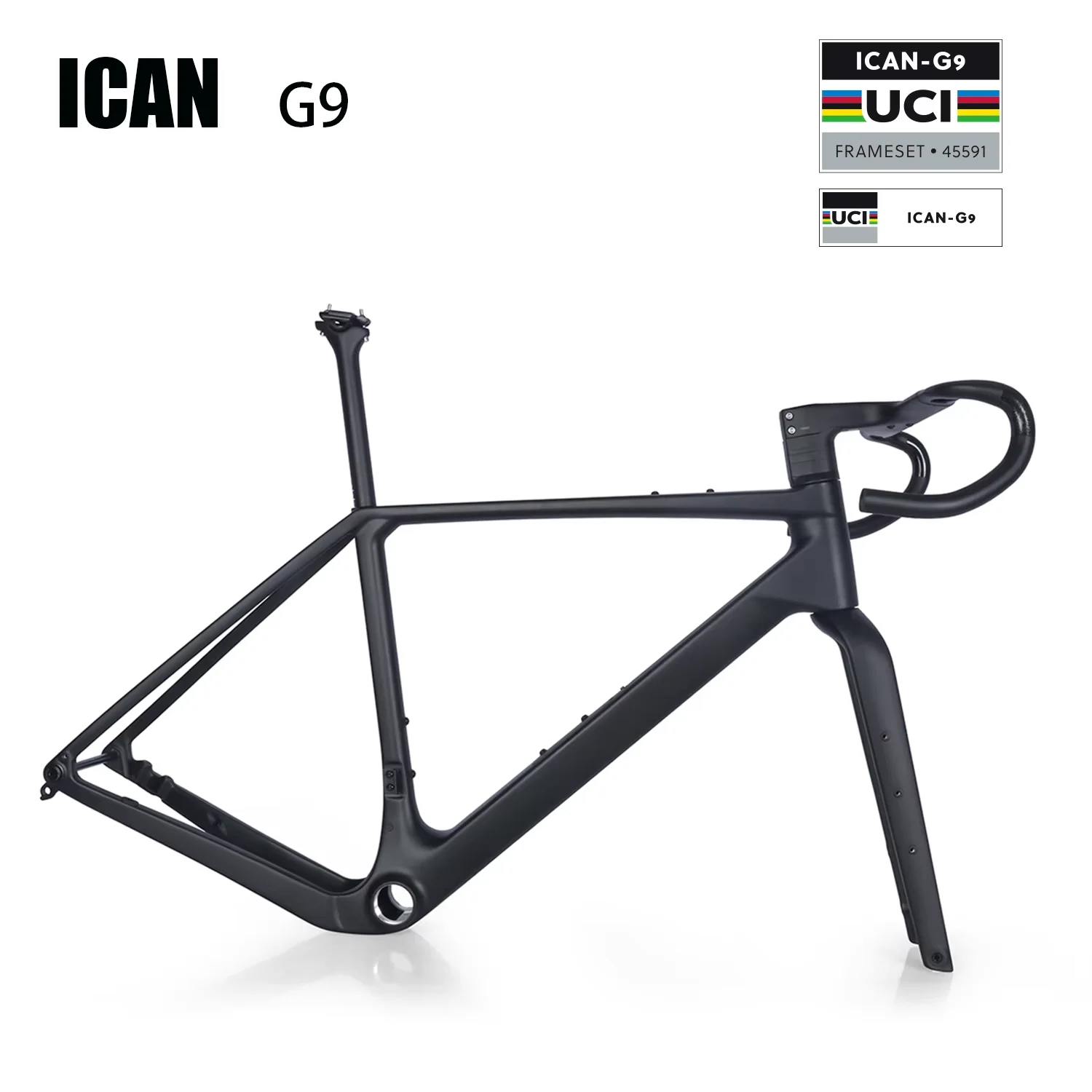 مجموعة إطارات دراجة الحصى الجديدة من الكربون من ICAN مع إطارات دراجات على مستوى المنافسة UDH G9 UCL تتضمن المقبض والشوكة
