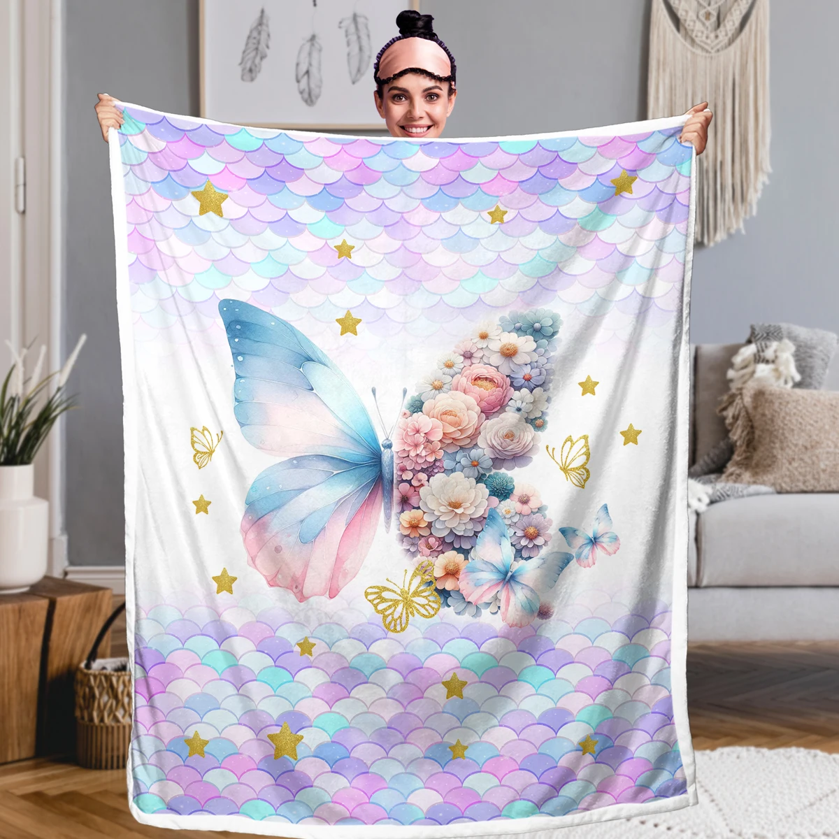 Romantic Butterfly Consisted with Flowers Printed Sherpa Fleece Blanket Soft Warm Blanket for All Seasons Home Decor