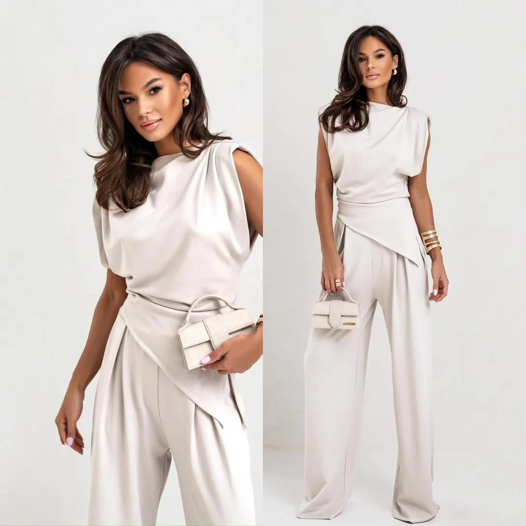 2025 Niche Light Luxury Satin Solid Color Round Neck Pendant Pleated Split Vest Top Wide Leg Trousers Set Summer