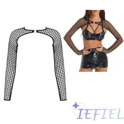 Sexy Hollow Out Fishnet Crop Top Club Stage Show See-through Long Sleeve Cover Up Mesh Shrug T-shirt Women Pullover Vest