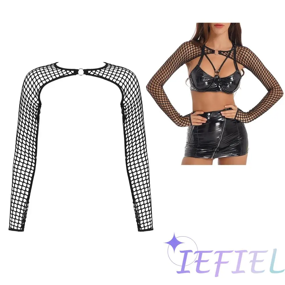 Sexy Hollow Out Fishnet Crop Top Club Stage Show See-through Long Sleeve Cover Up Mesh Shrug T-shirt Women Pullover Vest