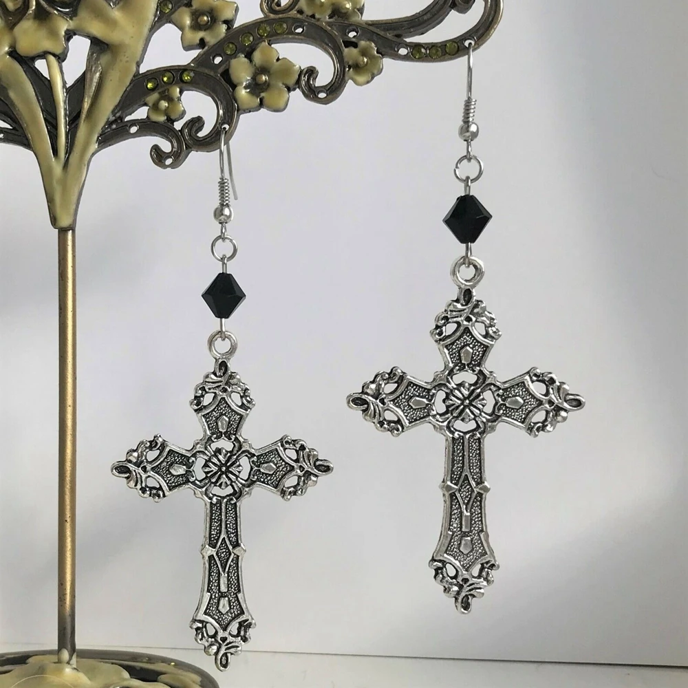 Large Gothic Cross and Black Bead Dangly Earrings Darkness Aesthetic Dangle Earrings For Women Girls Mystical Gifts