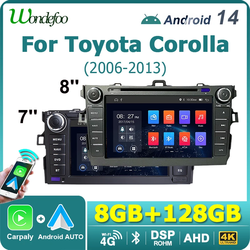 2 DIN Car Radio CarPlay Android 14 Autoradio For Toyota Corolla 2006-2013 Android AUTO Bluetooth Stereo Multimedia Player 4G LTE