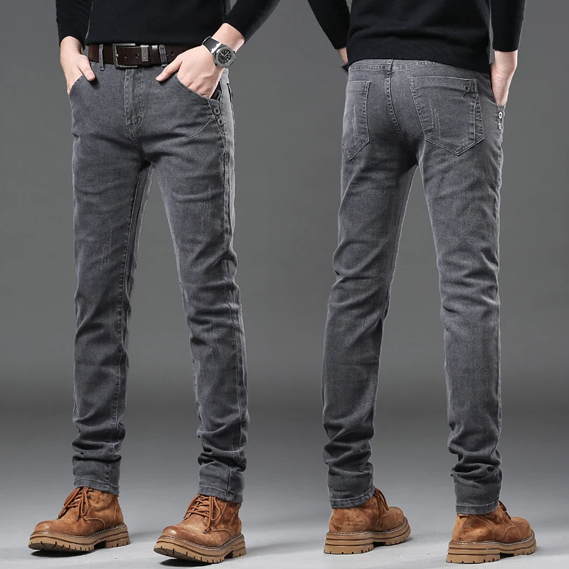 New Pure Gray Korean Slim Jeans Men's Stretch Tight Trendy Jean Trousers Branded Streetwear Comfortable Man Clothing Pants