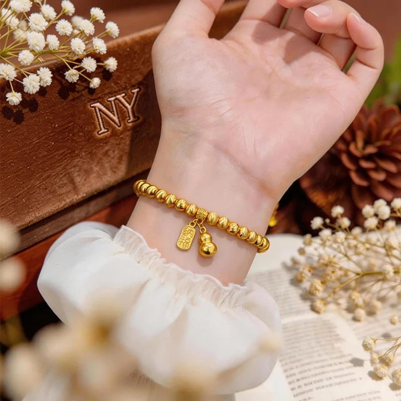 Light luxury vitage retro fashion niche senior sense cat eyes fortune Nafu gourd hand string sand gold bracelet female9999gold
