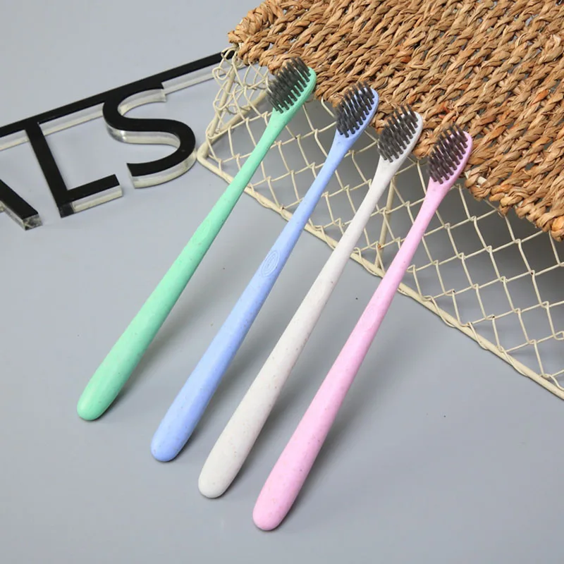 Ensemble de brosses à dents en paille de blé pour adultes, charbon de bambou, poils doux, voyage, ménage, livres de dents profonds