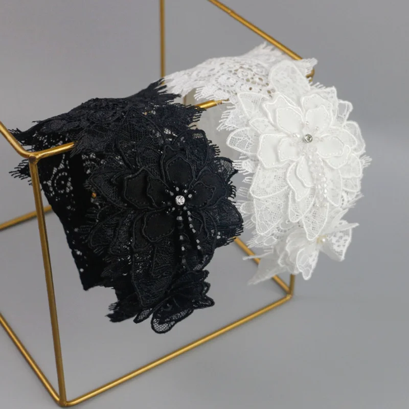 

Французская черно-белая кружевная повязка на голову с цветами, широкая повязка для волос, аксессуар для маскировки седины, заколка для волос для свадьбы и вечеринки