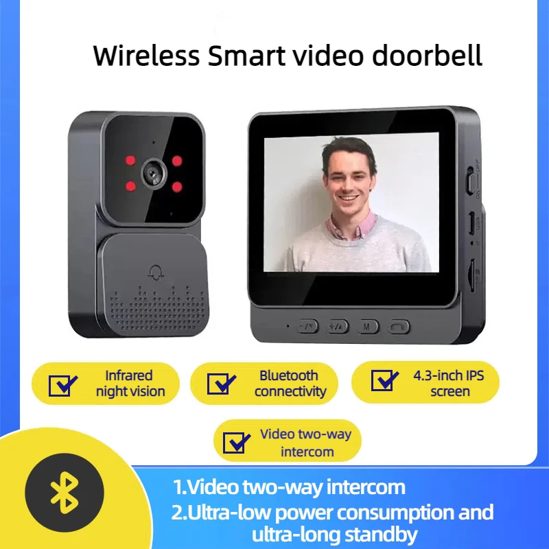 Display da 4,3 pollici Videocitofono intelligente senza fili Videocitofono bidirezionale Riprese automatiche Registrazione automatica Telecamera di sorveglianza